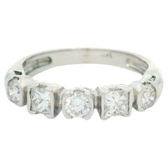 14k White Gold 0.75ctw Princess & Round Cut Half Bezel Diamond 5 Stones Band