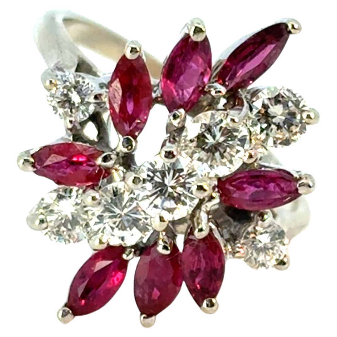 14k White Gold 0.77ctw Diamond Red Gemstone Cluster Ring