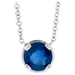 14k White Gold 0.78ctw Round Prong Sapphire Solitaire Pendant Chain Necklace