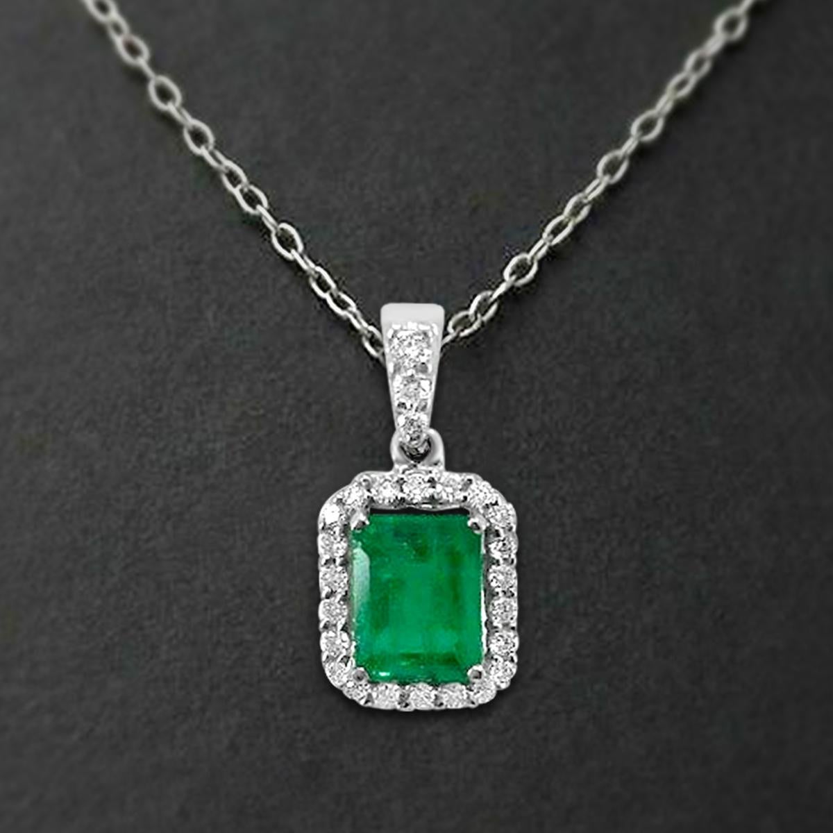 Modern 14K White Gold 0.80cts Emerald and Diamond Pendant, Style# TS1117P