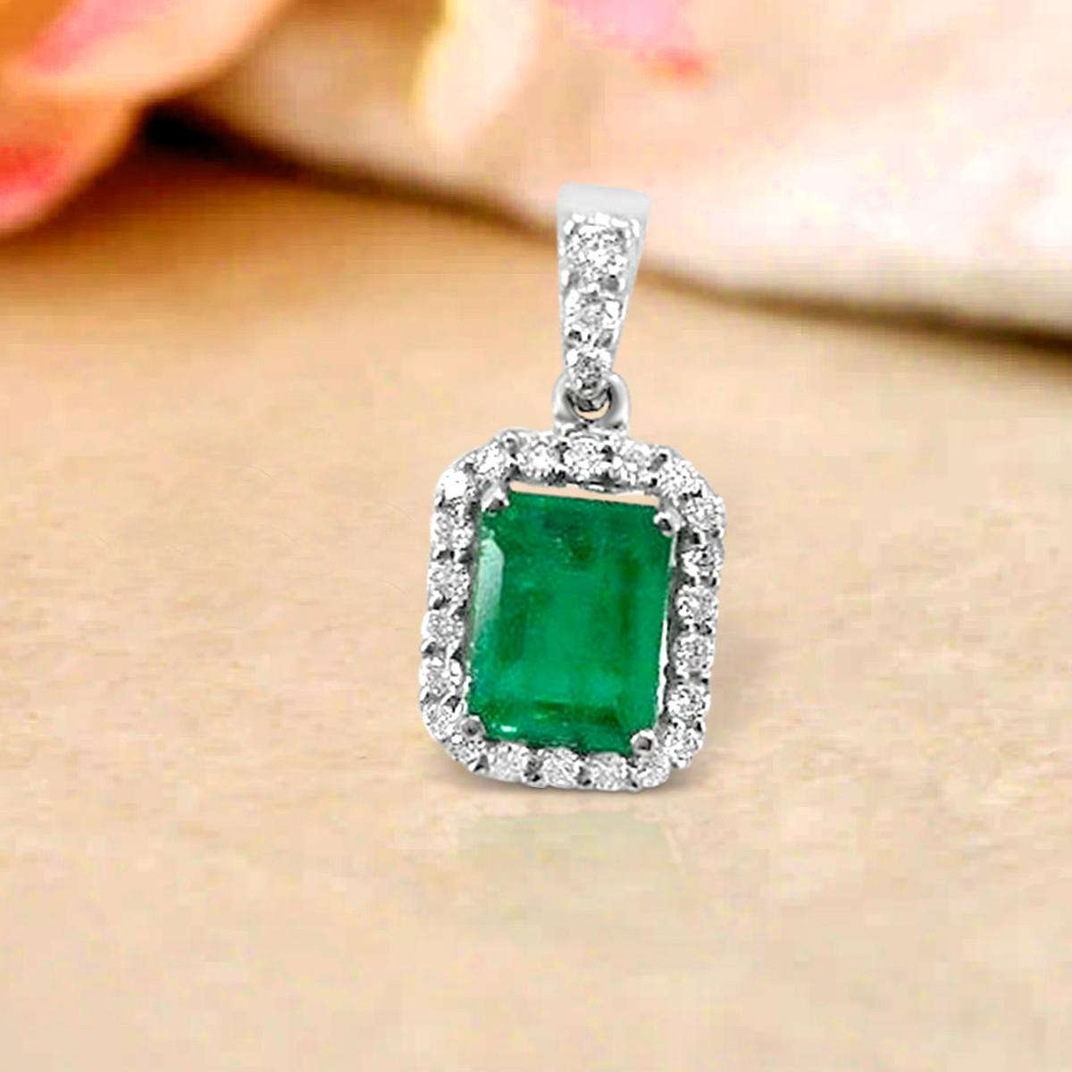 Octagon Cut 14K White Gold 0.80cts Emerald and Diamond Pendant, Style# TS1117P