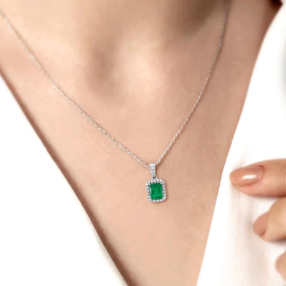 14K White Gold 0.80cts Emerald and Diamond Pendant, Style# TS1117P In New Condition In New York, NY