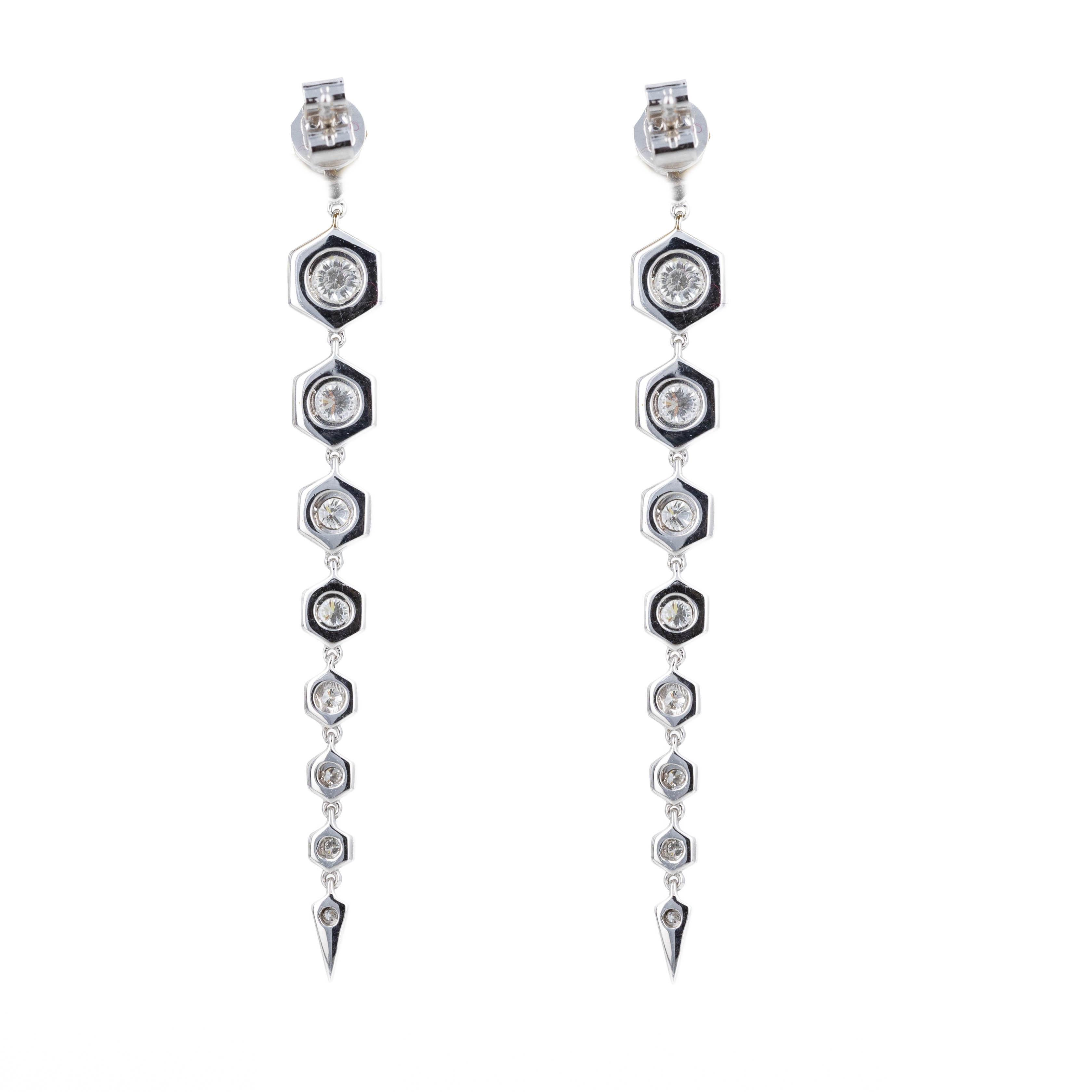 Round Cut 14K White Gold 0.85 Carat Diamond Hexagon Dangle Earrings For Sale