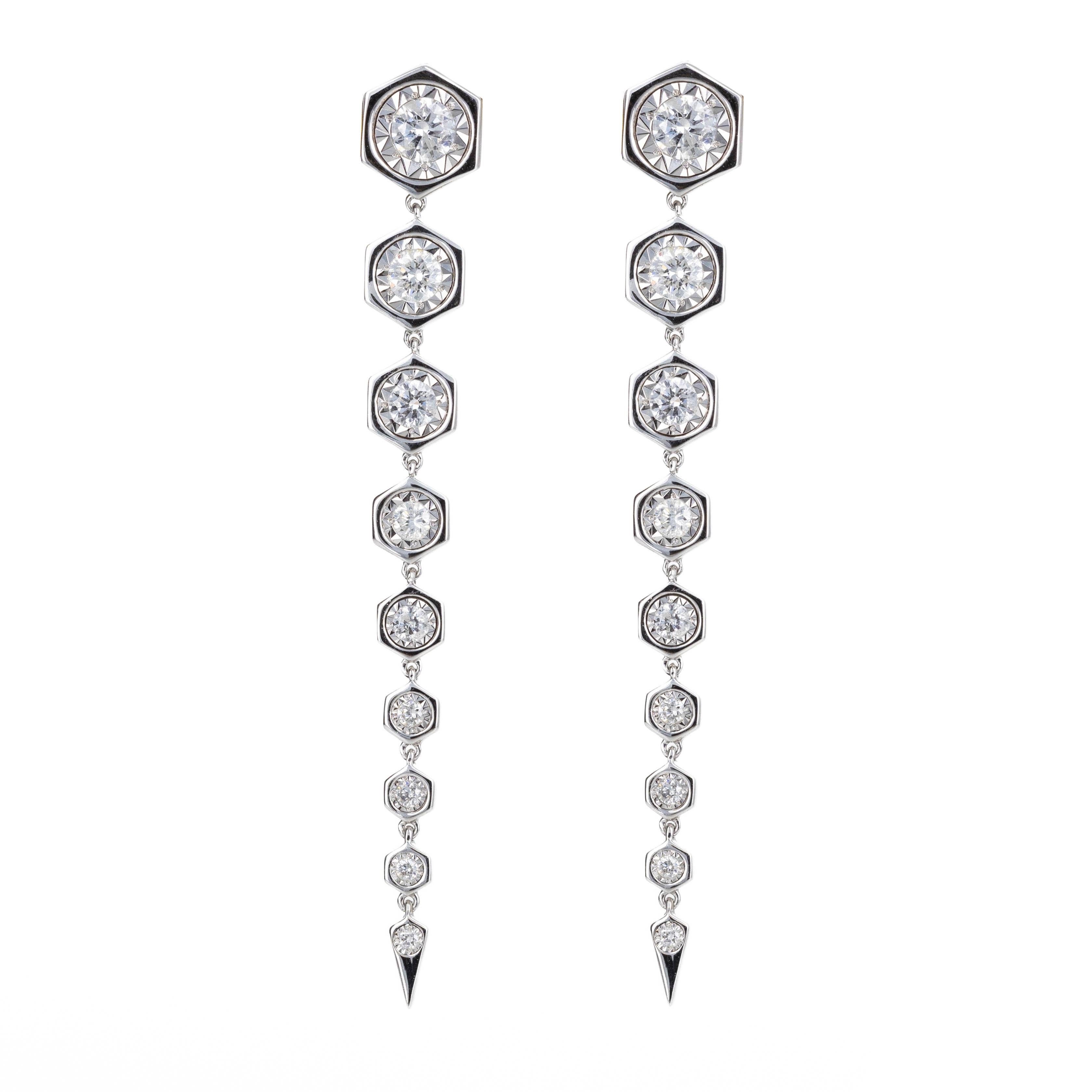 Women's 14K White Gold 0.85 Carat Diamond Hexagon Dangle Earrings For Sale