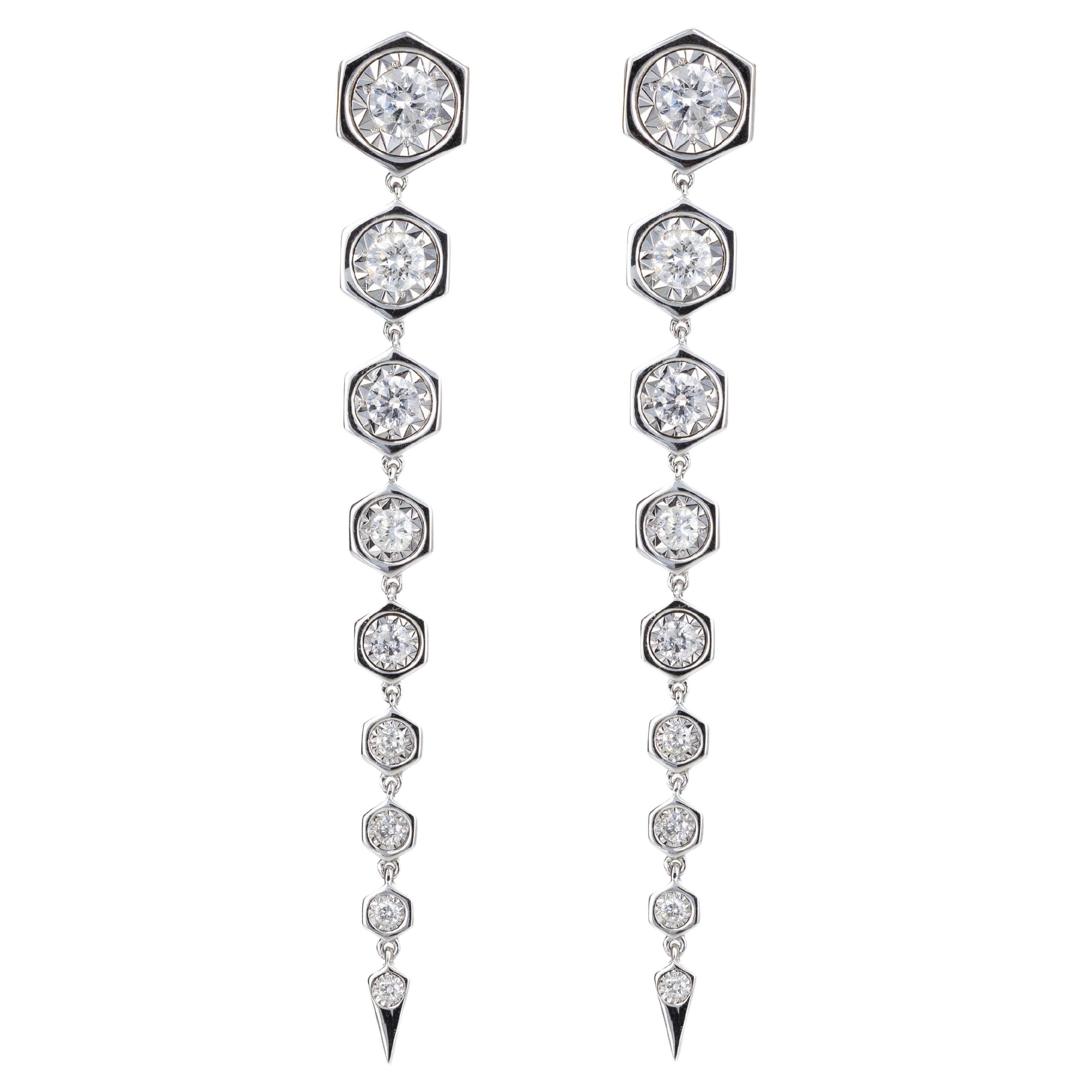 14K White Gold 0.85 Carat Diamond Hexagon Dangle Earrings For Sale