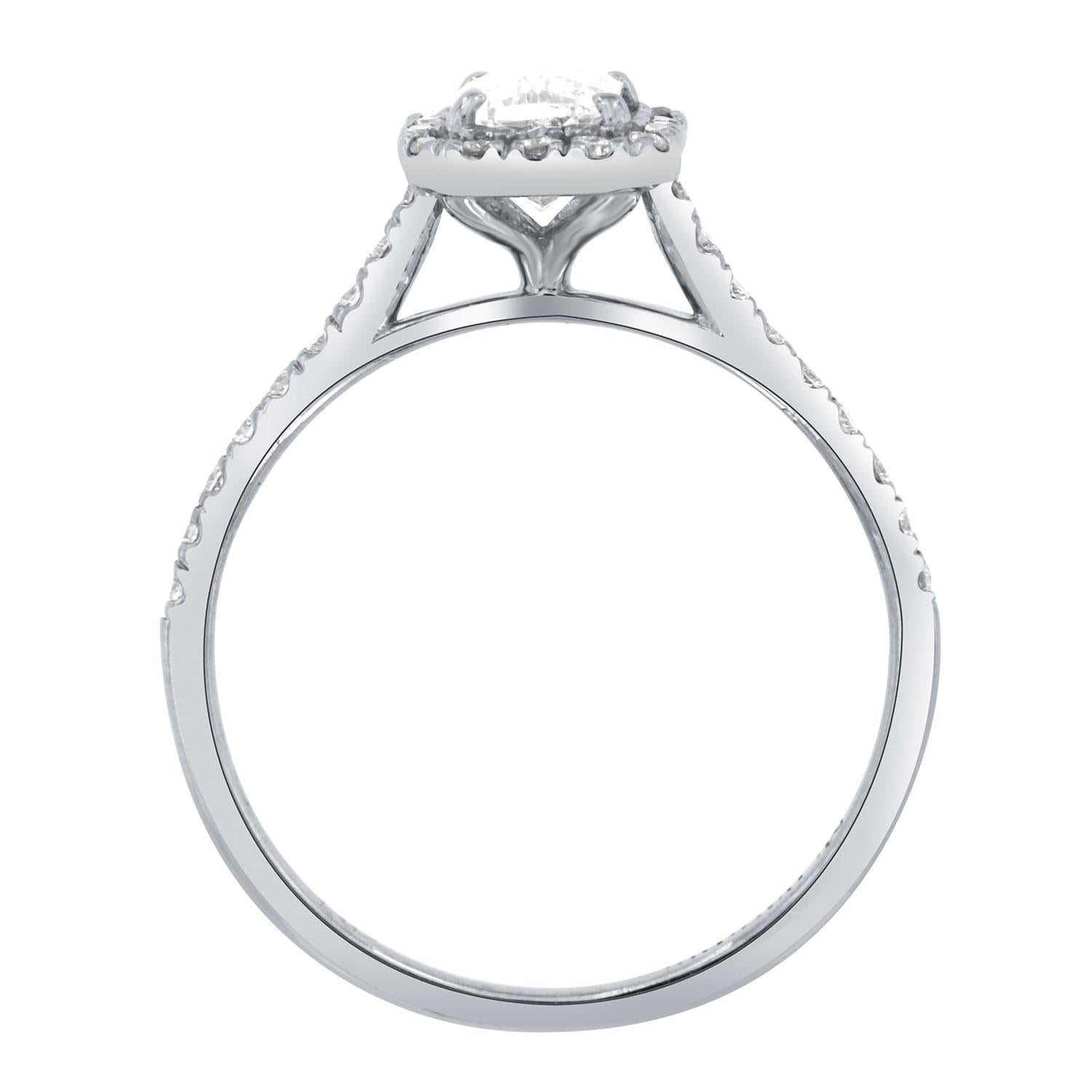 Ring aus 14 Karat Weißgold mit 0,86 Karat weißem Saphir und länglichem Strahlen Halo Damen im Angebot