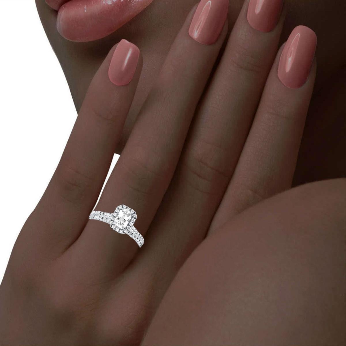 Radiant Cut 14K White Gold 0.86 Carat White Sapphire Elongated Radiant Halo Diamond Ring Set For Sale