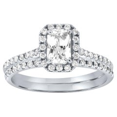 Anillo de diamantes con halo radiante alargado de zafiro blanco de 0,86 quilates en oro blanco de 14 quilates