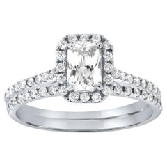 14K White Gold 0.86 Carat White Sapphire Elongated Radiant Halo Diamond Ring Set