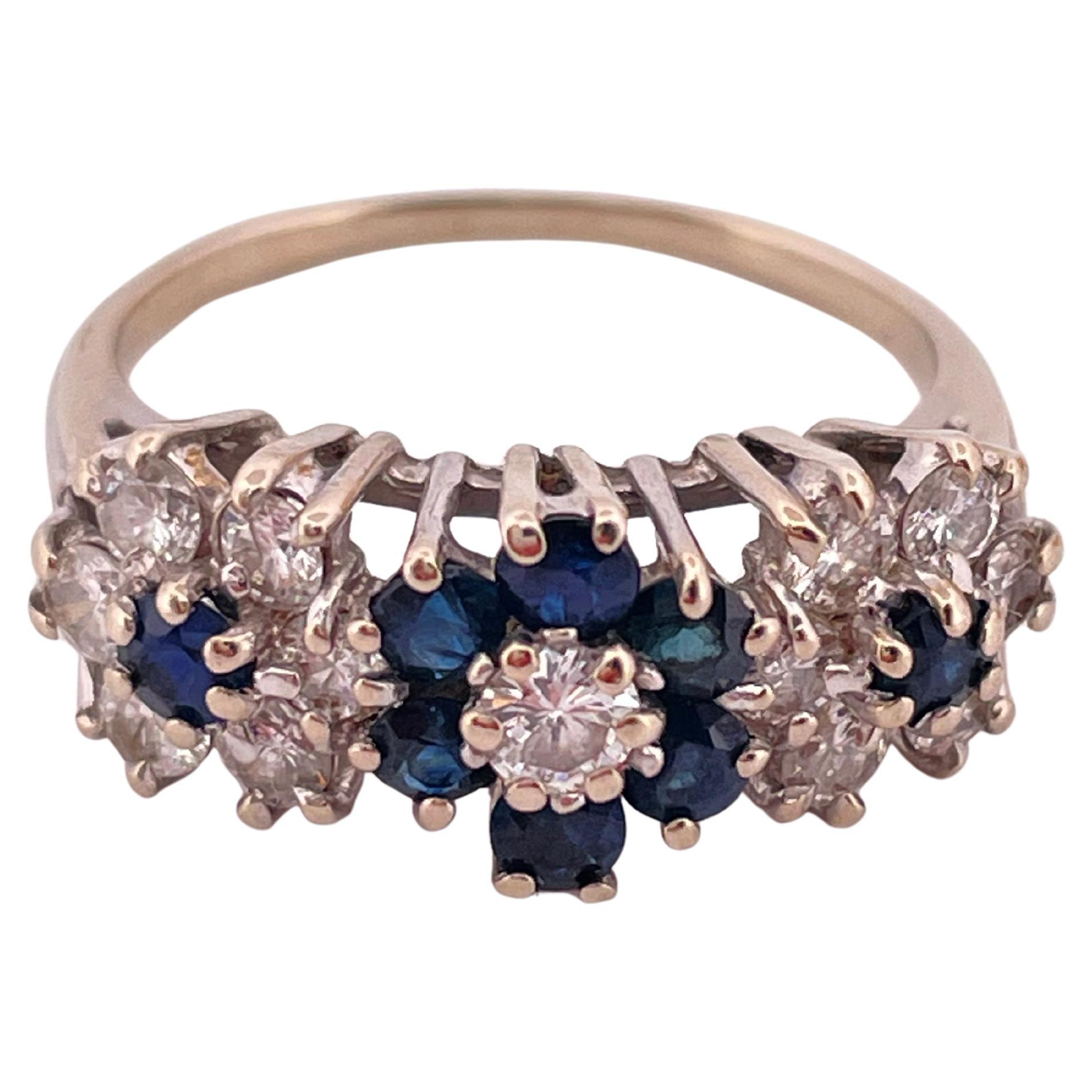 14k White Gold 0.87ctw Diamond & 0.56ctw Sapphire Three Flower Ring
