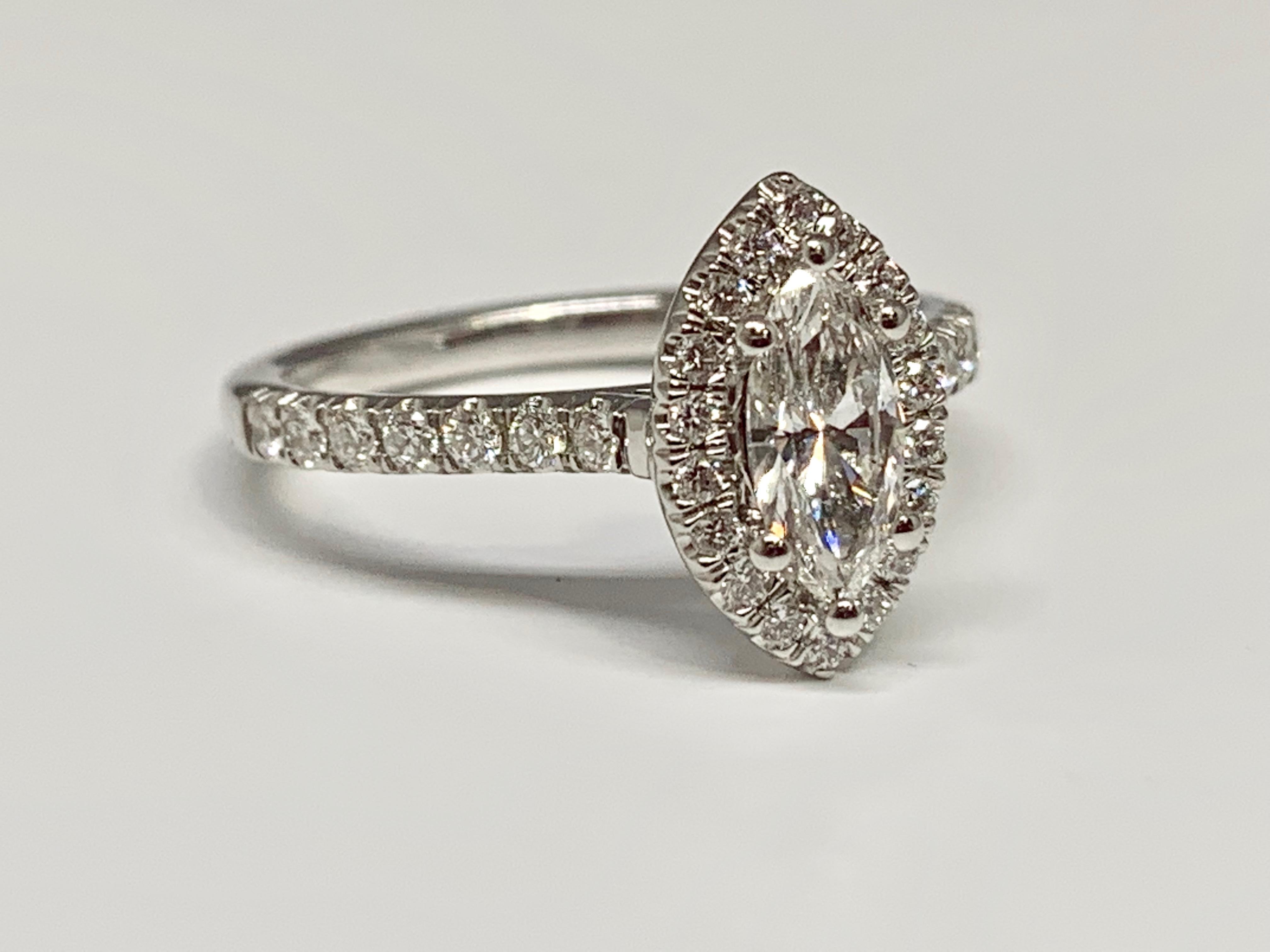 Marquise Cut 14 Karat White Gold 0.88 Carat Total Weight Marquise Diamond Engagement Ring