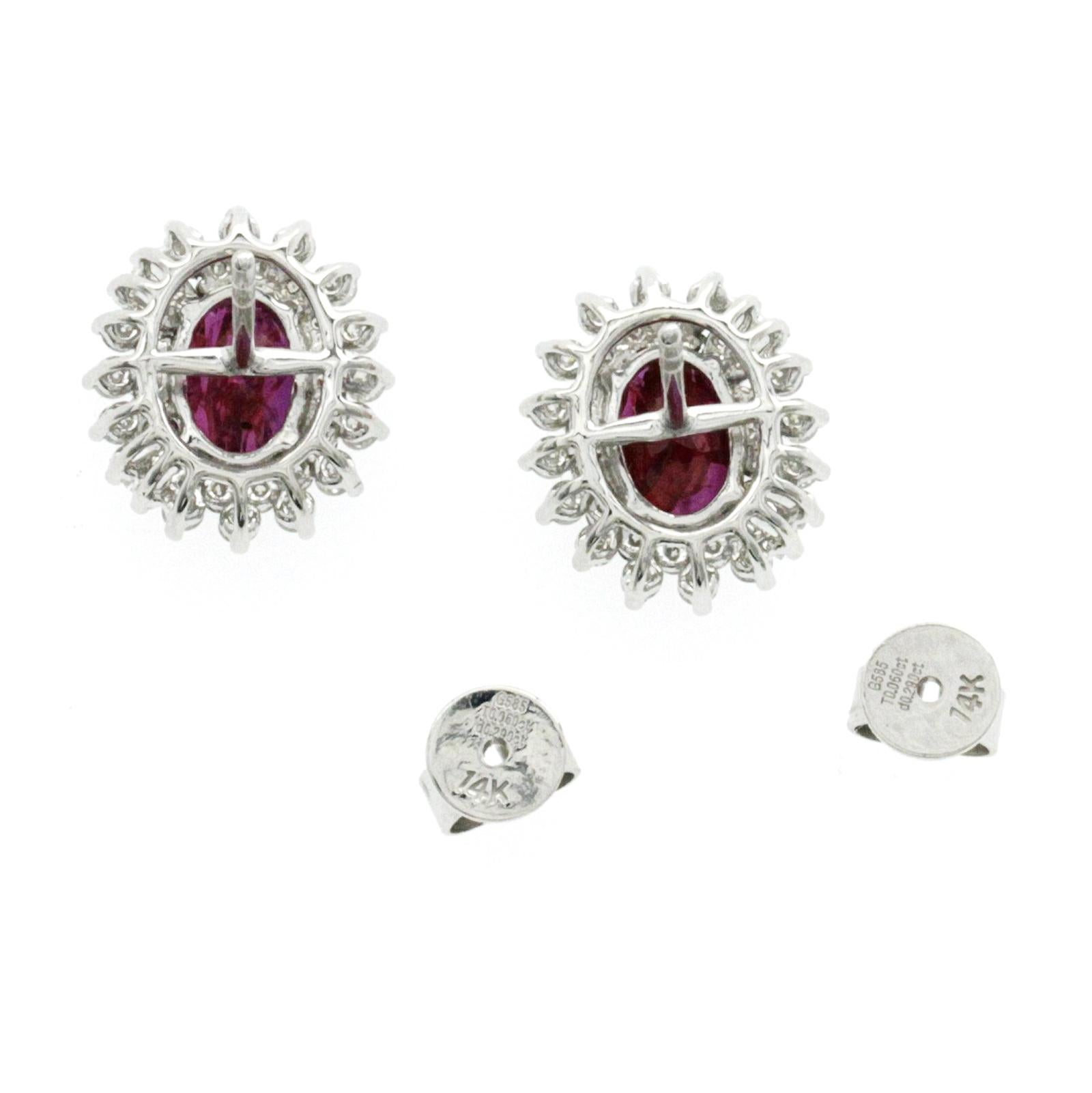 Women's 14 Karat White Gold 0.88 Carat Diamonds and 1.69 Carat Ruby Stud Earring For Sale