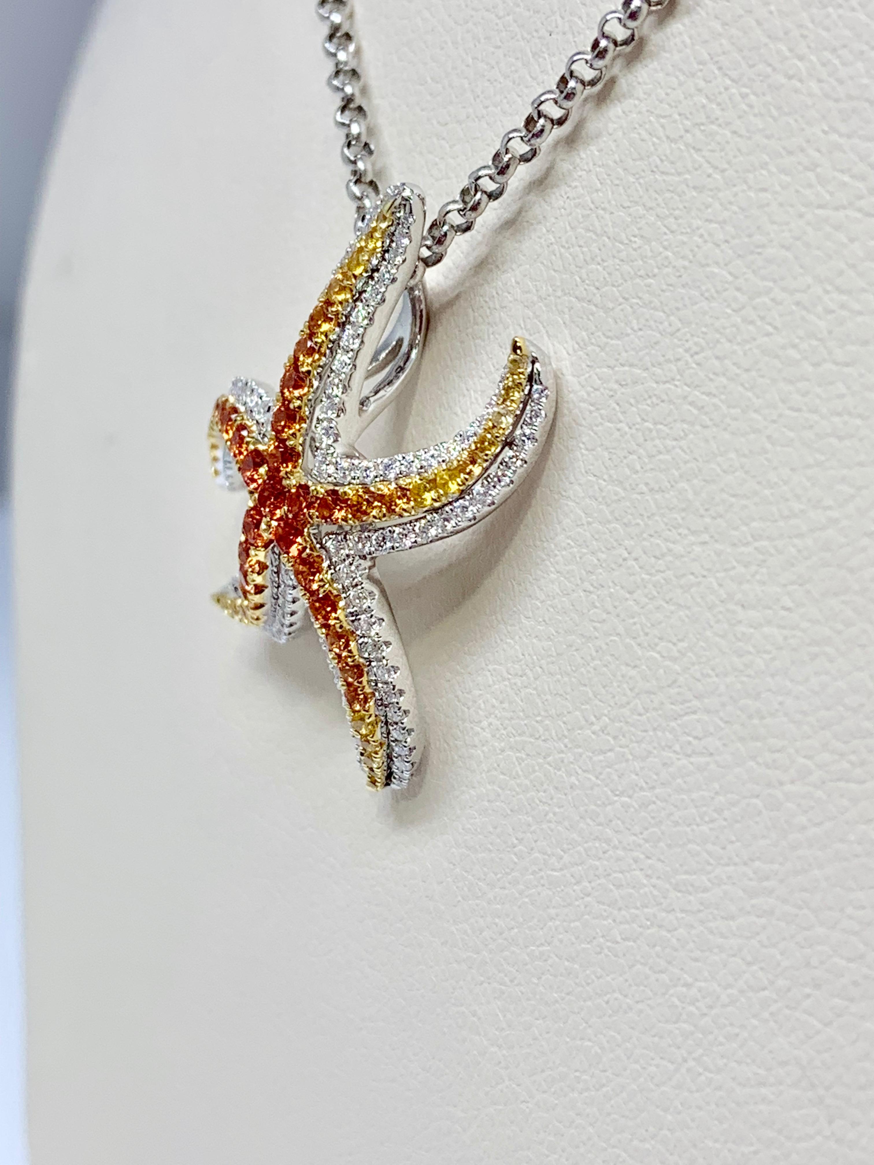 Contemporary 14 Karat Gold 0.90 Carat Multicolored Sapphire and Diamond Starfish Pendant For Sale