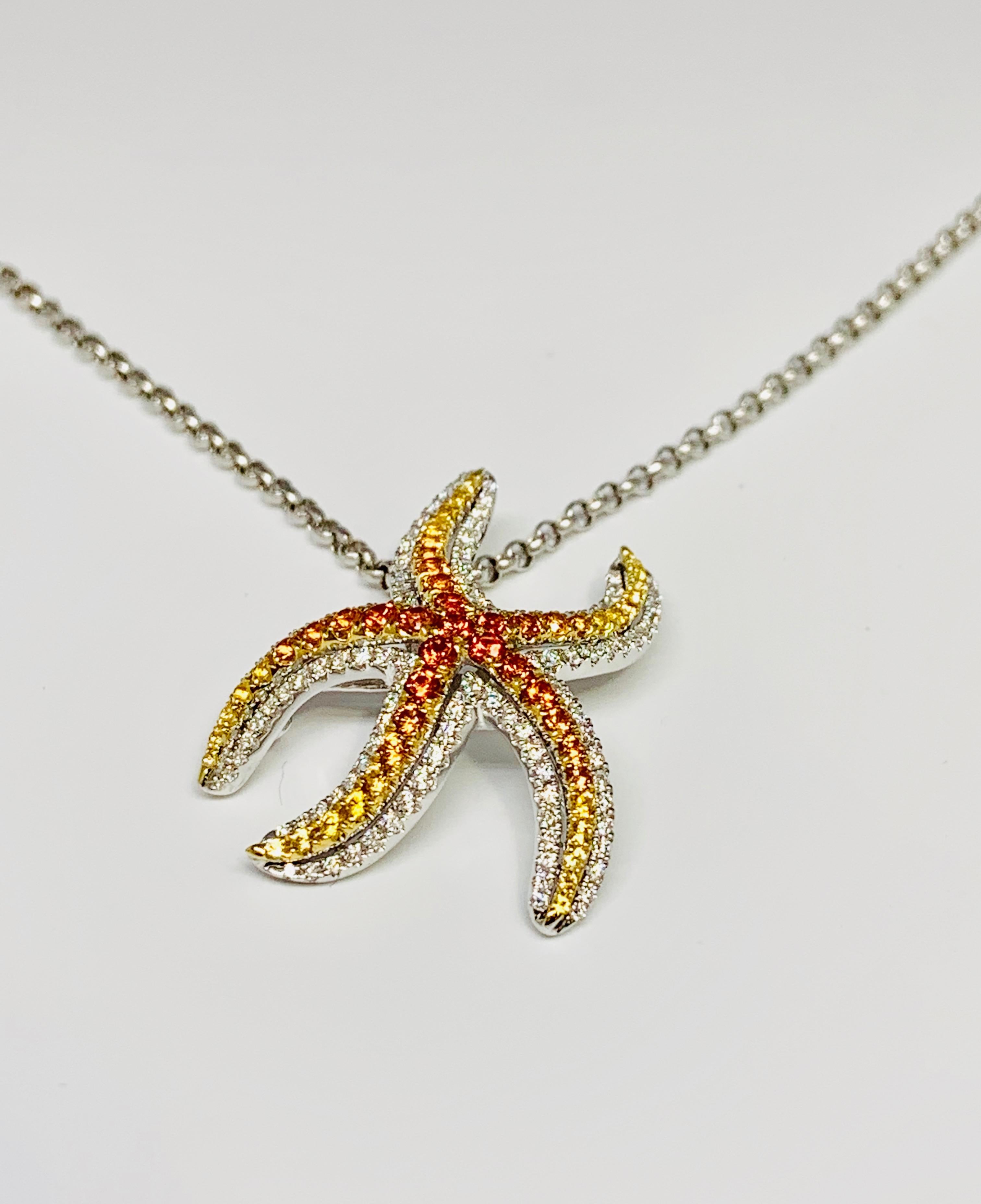 Round Cut 14 Karat Gold 0.90 Carat Multicolored Sapphire and Diamond Starfish Pendant For Sale