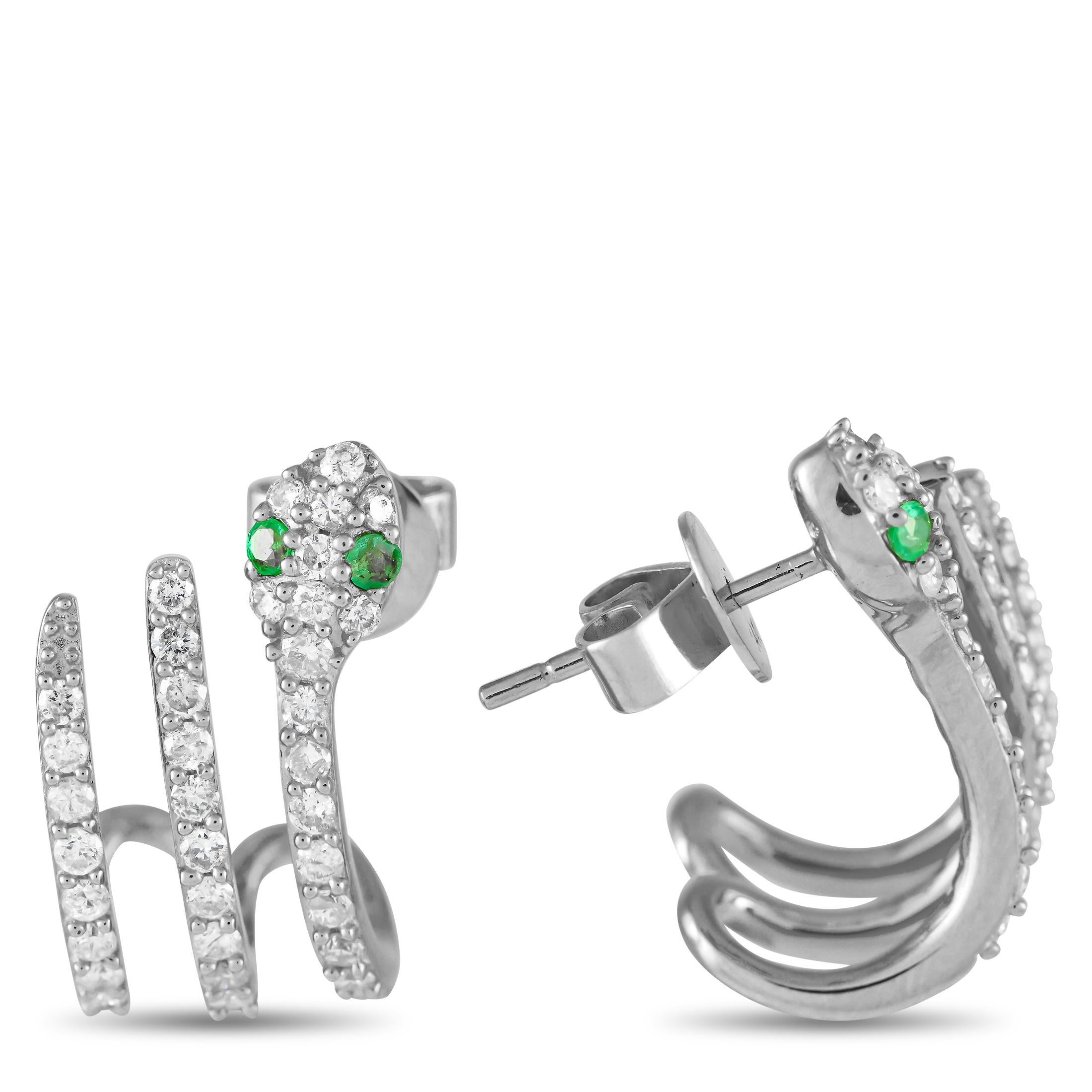 These exquisitely crafted serpent earrings will continually capture your imagination. The curved 14K White Gold setting makes it appear as if the snake motif is wound around the ear. Diamonds with a total weight of 0.90 carats provide the perfect