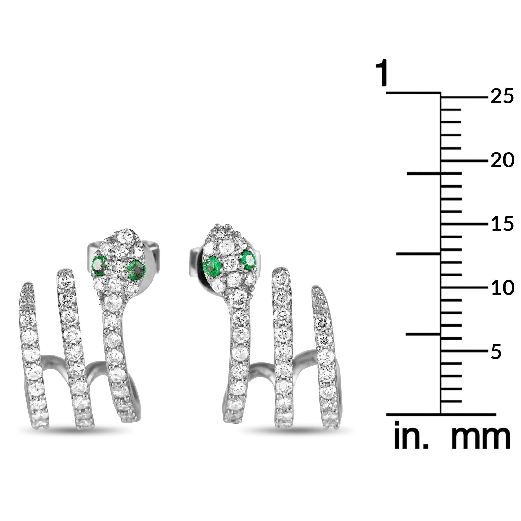 Round Cut 14K White Gold 0.90ct Diamond and Emerald Serpent Earrings ER28507-W For Sale