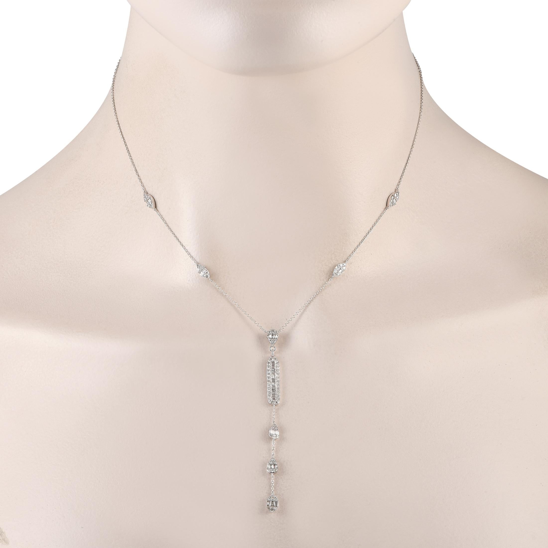 With clean lines, subtle sparkle, and a simple yet chic silhouette, this Y-shaped necklace can make any outfit look more put together. Five diamond clusters - four in marquise-shaped frames and one in a pear-shaped frame - are set along a necklace