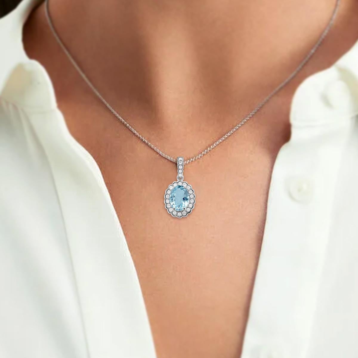 Modern 14K White Gold 0.90cts Aquamarine and Diamond Pendant, Style# TS1226AQP For Sale