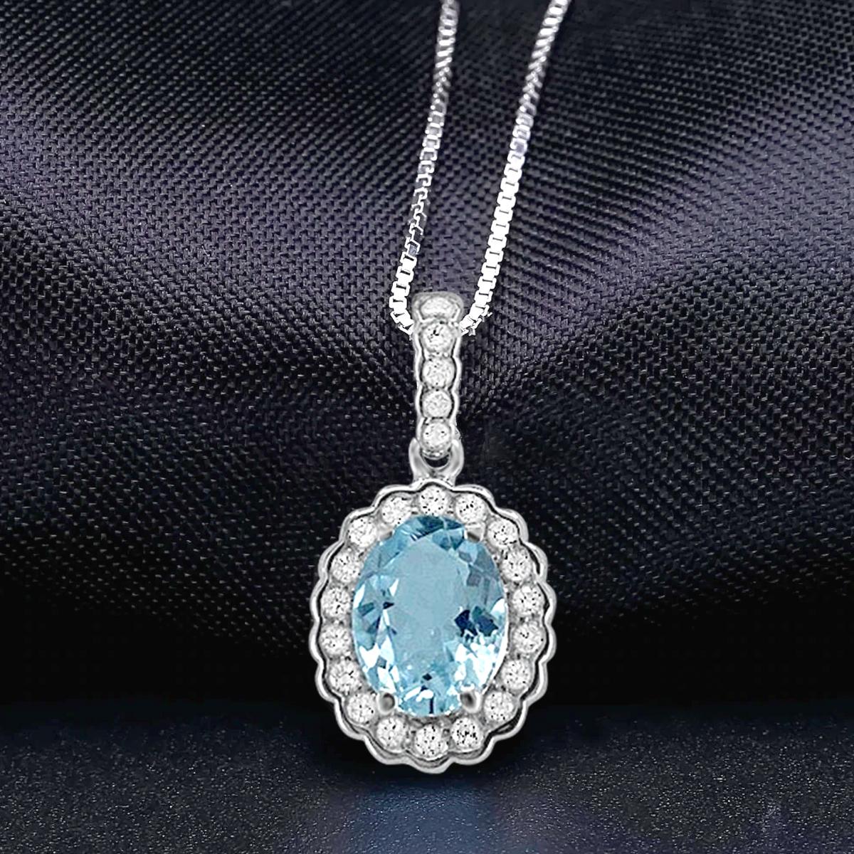 Oval Cut 14K White Gold 0.90cts Aquamarine and Diamond Pendant, Style# TS1226AQP For Sale