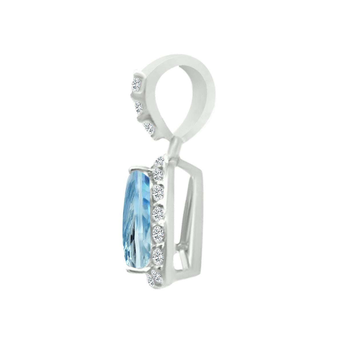 A Blue Aquamarine Gemstone In A Tasteful Setting, Is A Centerpiece Of This Pendant.
This Pendant Contains A Natural 7mm Trillion Cut Aquamarine Gemstone. And Is Surrounded By Round Diamonds.
This March Birthstone Pendant Is Crafted In 14K White