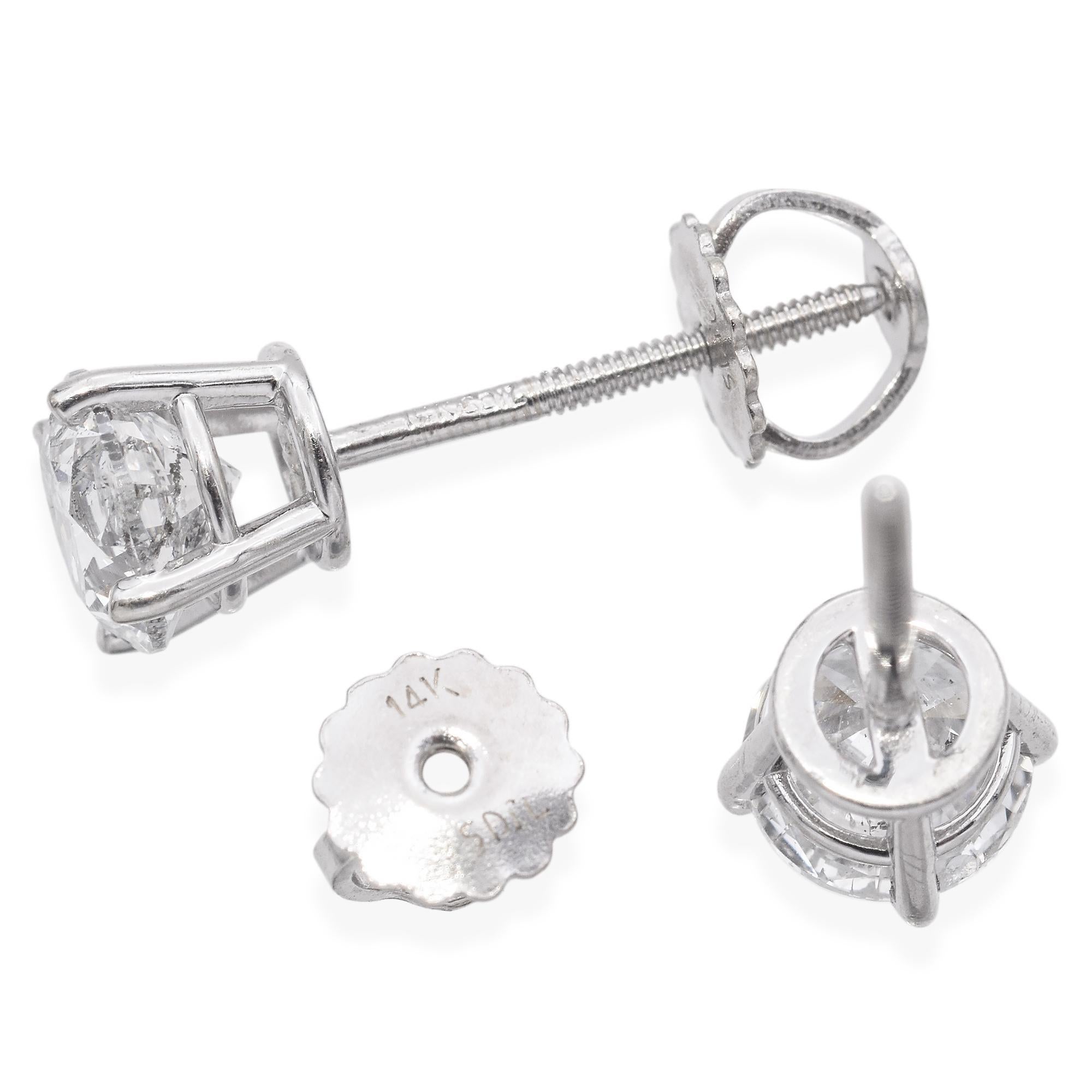 Women's 14K White Gold 0.92 TCW Round Diamond Stud Earrings For Sale