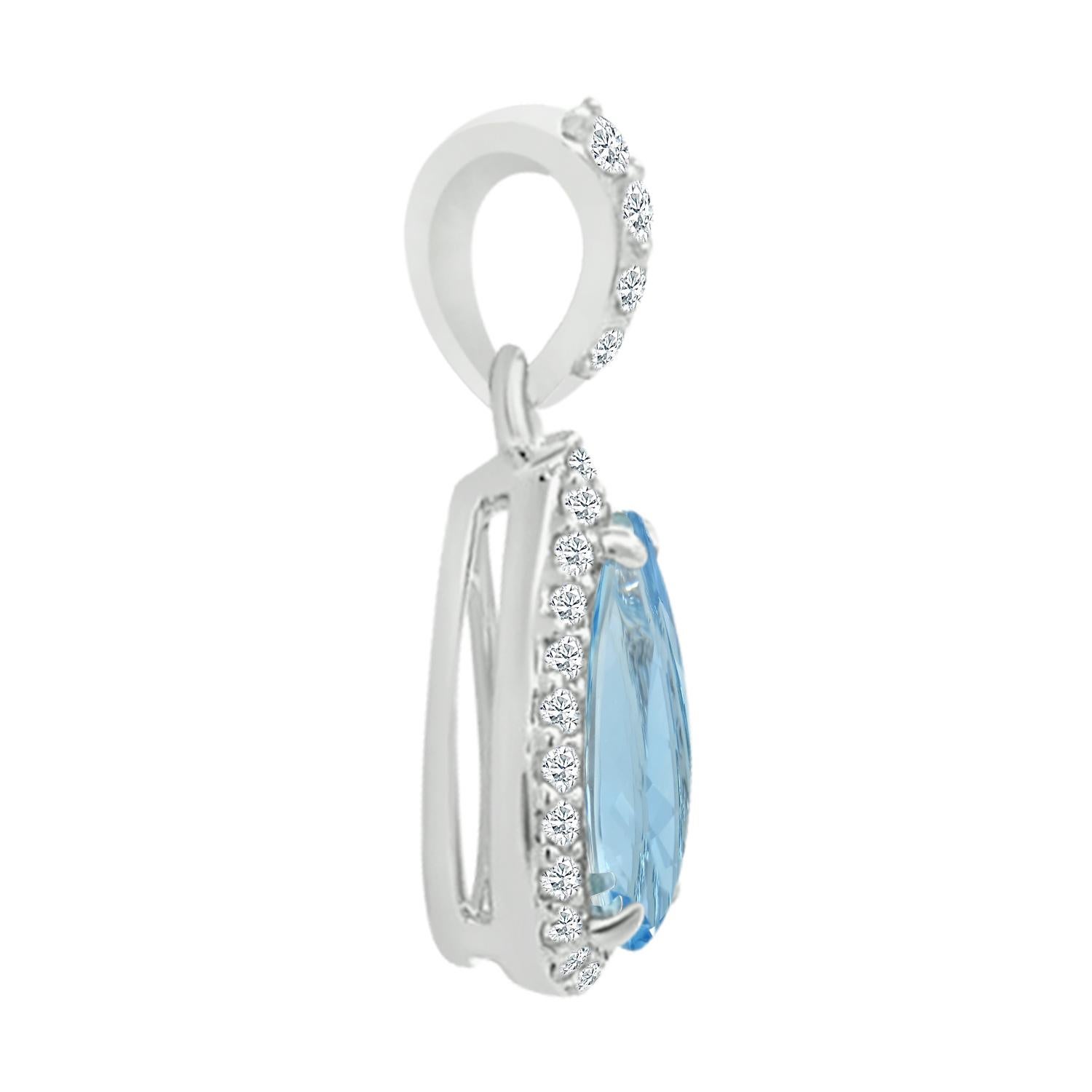 Entice Her With The Lovely Look Of This Ravishing Aquamarine Diamond Pendant.
This Pendant Is Styled Glinting 14K White Gold, This Pendant Features A Marvelous 9x6mm Pear Shape Aquamarine Nestled Among The Diamonds. 
This Stunning Piece Of Fine