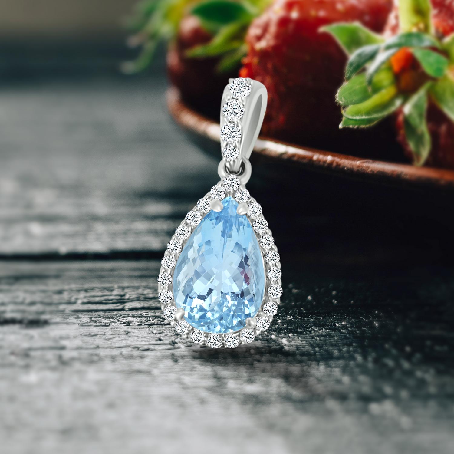 Pear Cut 14k White Gold 0.92cts Aquamarine and Diamond Pendant, Style#TS1234AQP 22053/4 For Sale