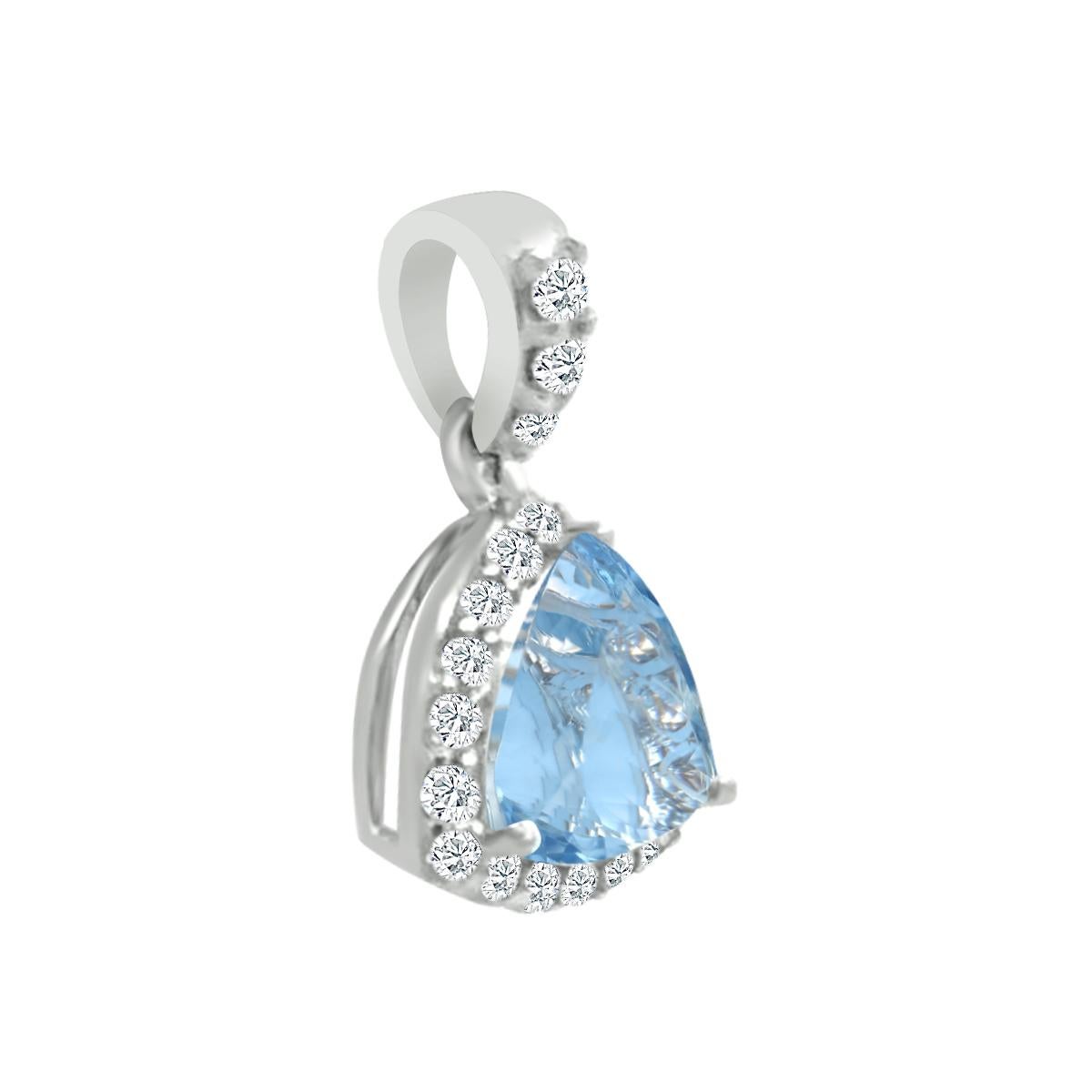 Gift This Unique Gemstone Pendant To Express Your Undying Love For Her.
This Versatile Pendant Features A Trillion Shape 7mm Aquamarine Gemstone With Diamonds Around It And Crafted In 14K White Gold.
This Gorgeous Aquamarine Pendant Will Be The