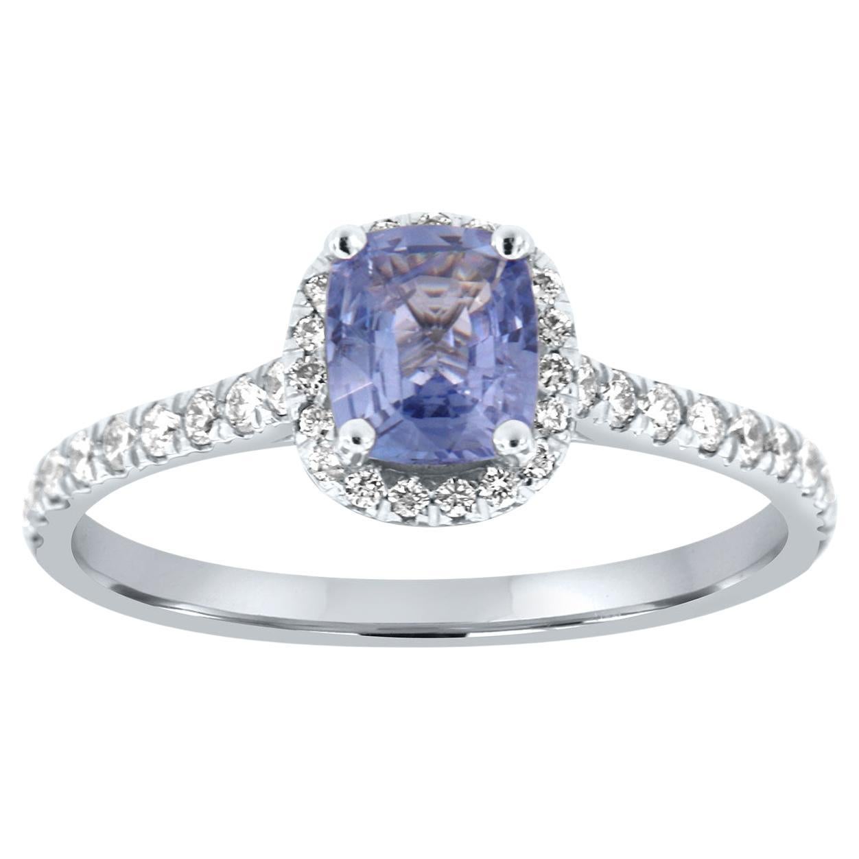 14K White Gold 0.95 Carat Cushion Light Blue No Heat Sapphire Halo Diamond Ring For Sale