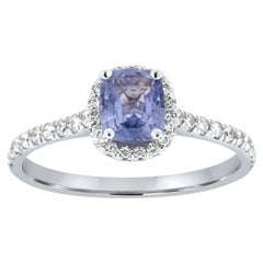 14K White Gold 0.95 Carat Cushion Light Blue No Heat Sapphire Halo Diamond Ring