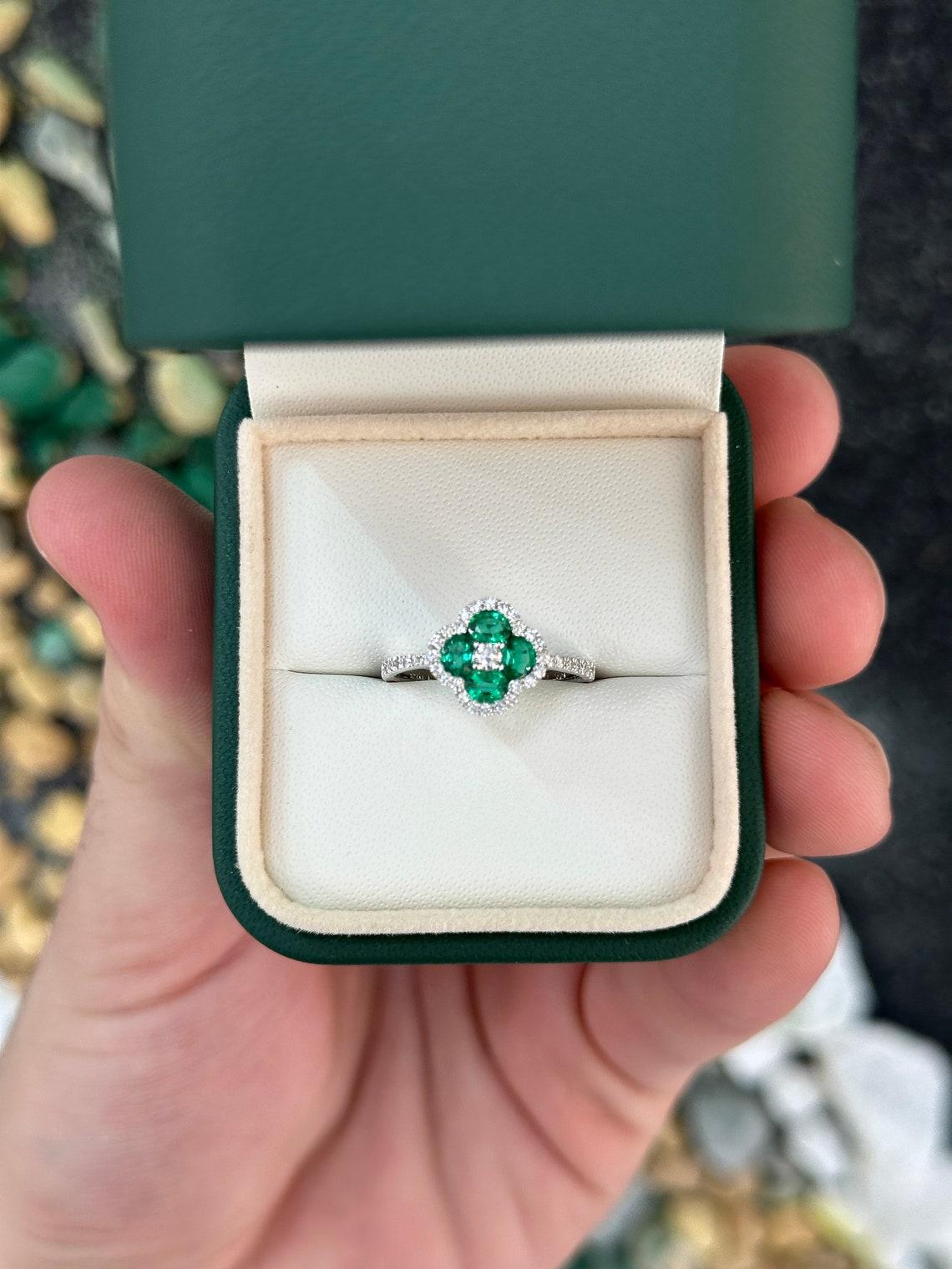 Women's 14K White Gold 0.95tcw Oval Emerald & Diamond Halo Floral Cluster Ring, Vivid For Sale