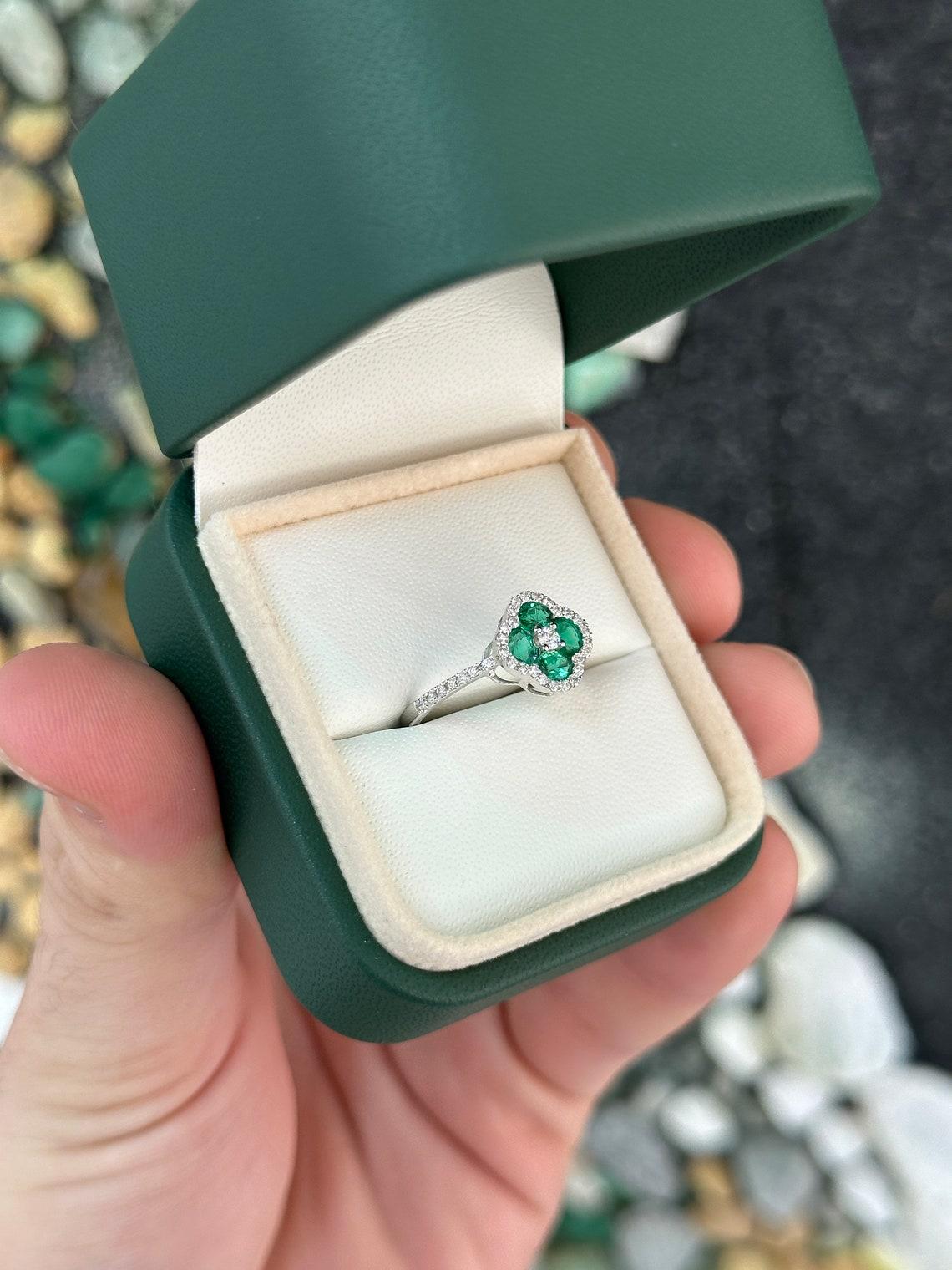 14K White Gold 0.95tcw Oval Emerald & Diamond Halo Floral Cluster Ring, Vivid For Sale 1