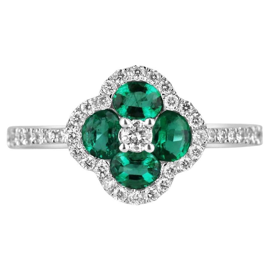 14K White Gold 0.95tcw Oval Emerald & Diamond Halo Floral Cluster Ring, Vivid For Sale
