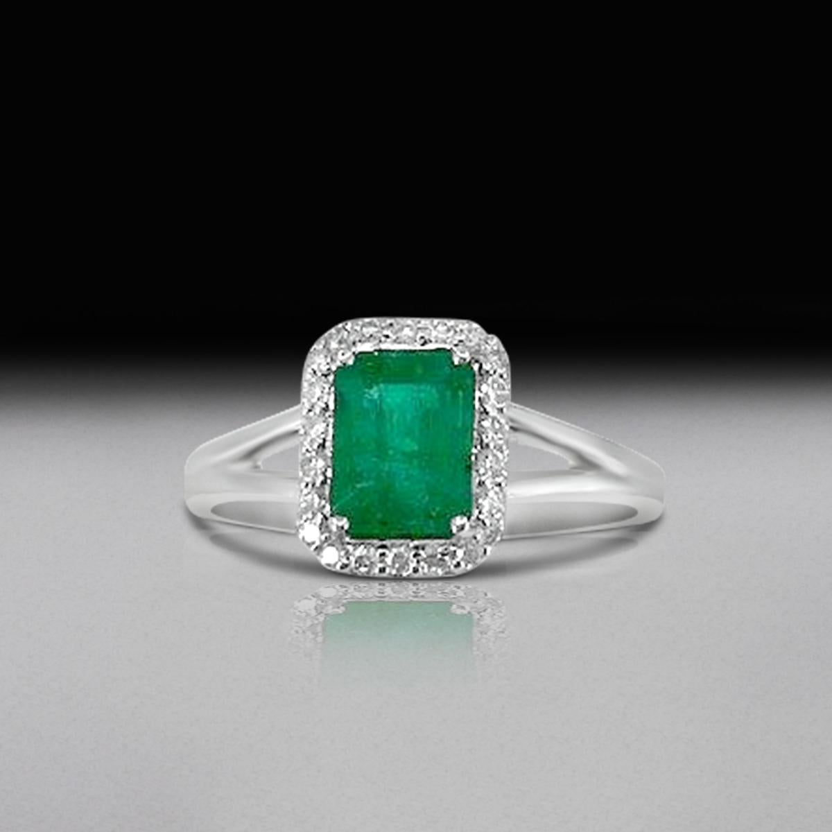 Octagon Cut 14K White Gold 0.96cts Emerald and Diamond Ring, Style# TS1117R