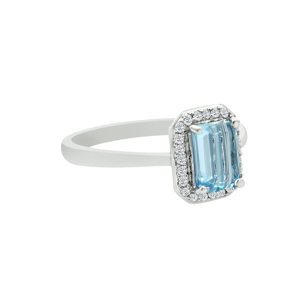 This Stunning Ring Is A combination Of One Of The Most Loved Design With A Beautiful Sustainably Sourced Aquamarine.
The 7X5mm Octagon Shaped Aquamarine Is A Show Stopper In Its Unique Style Settled In 14K White Gold.
This Ring Could Be A perfect