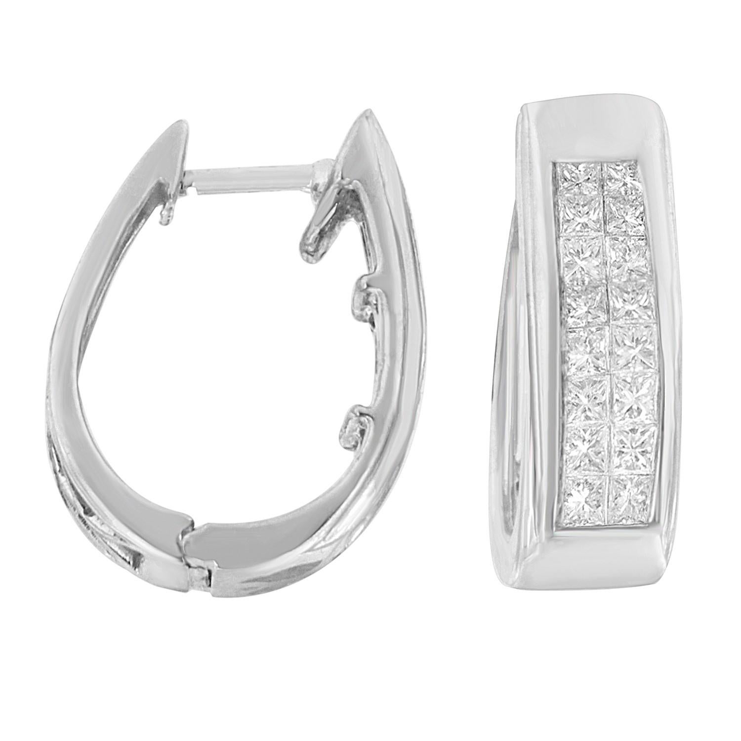 Calling all classy girls, this sparkling set of earrings with dazzling princess-cut diamonds is irresistible. Set in lustrous 14k white gold, these earrings feature a high polish finish to give it a sparkling look. And easy to use clasp and