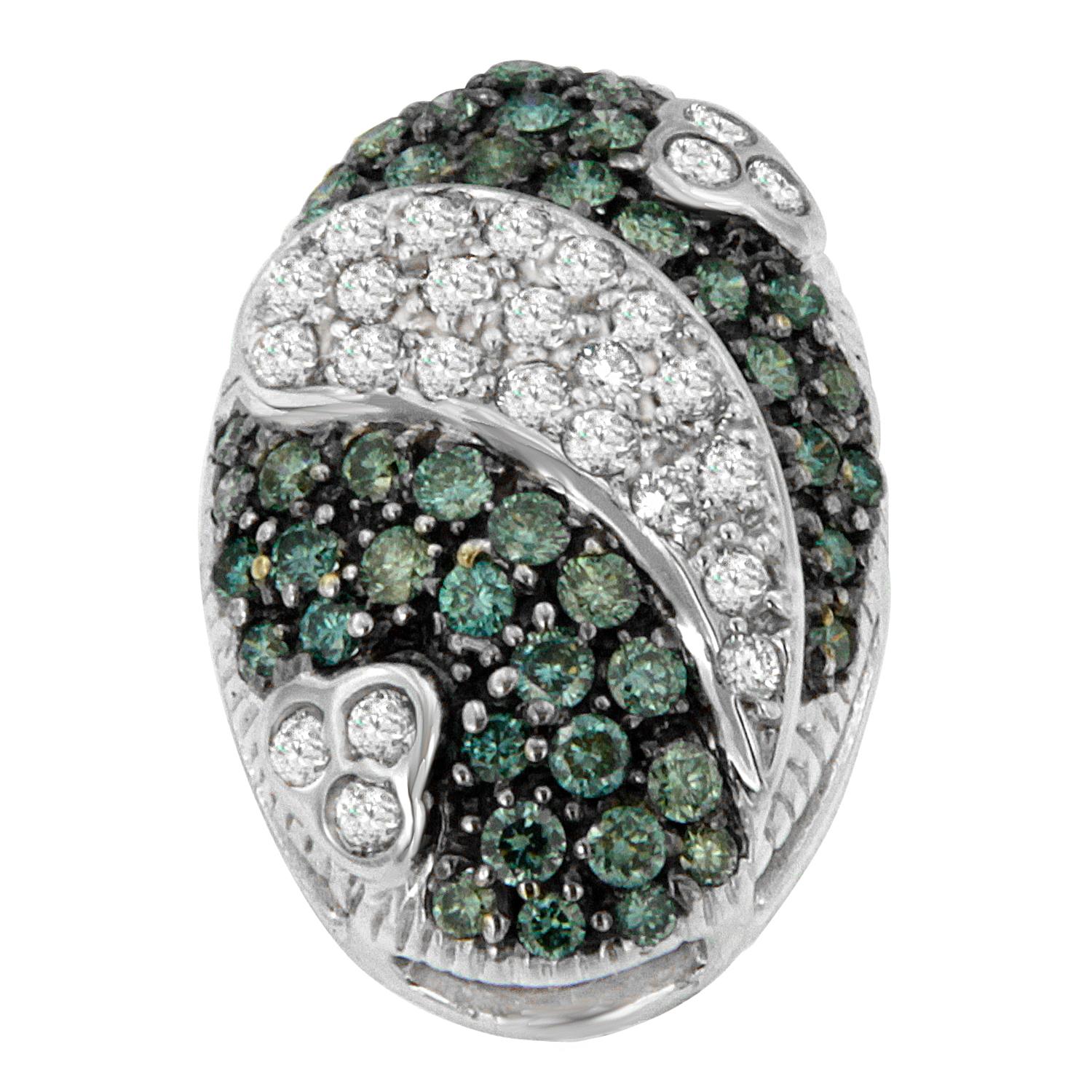 Round cut blue and white diamonds are pave set into this 14k white gold pendant in a swirling design reminiscent of a Faberge egg. Each piece ships with a size 18 chain so she can wear it immediately. This beautiful necklace includes 18” box chain