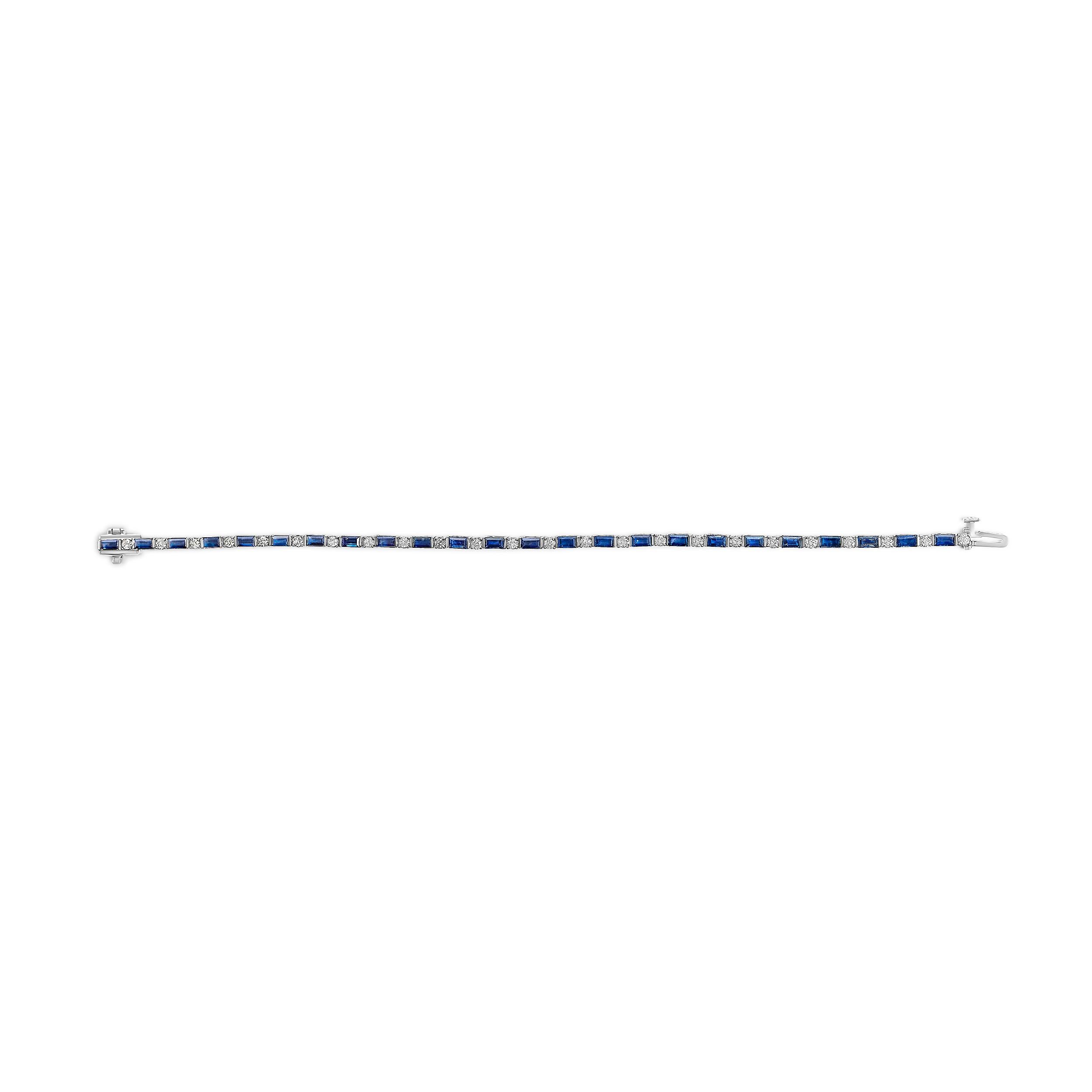 Modern 14K White Gold 1 1/10ct Diamond & Blue Sapphire Alternating Link Tennis Bracelet For Sale
