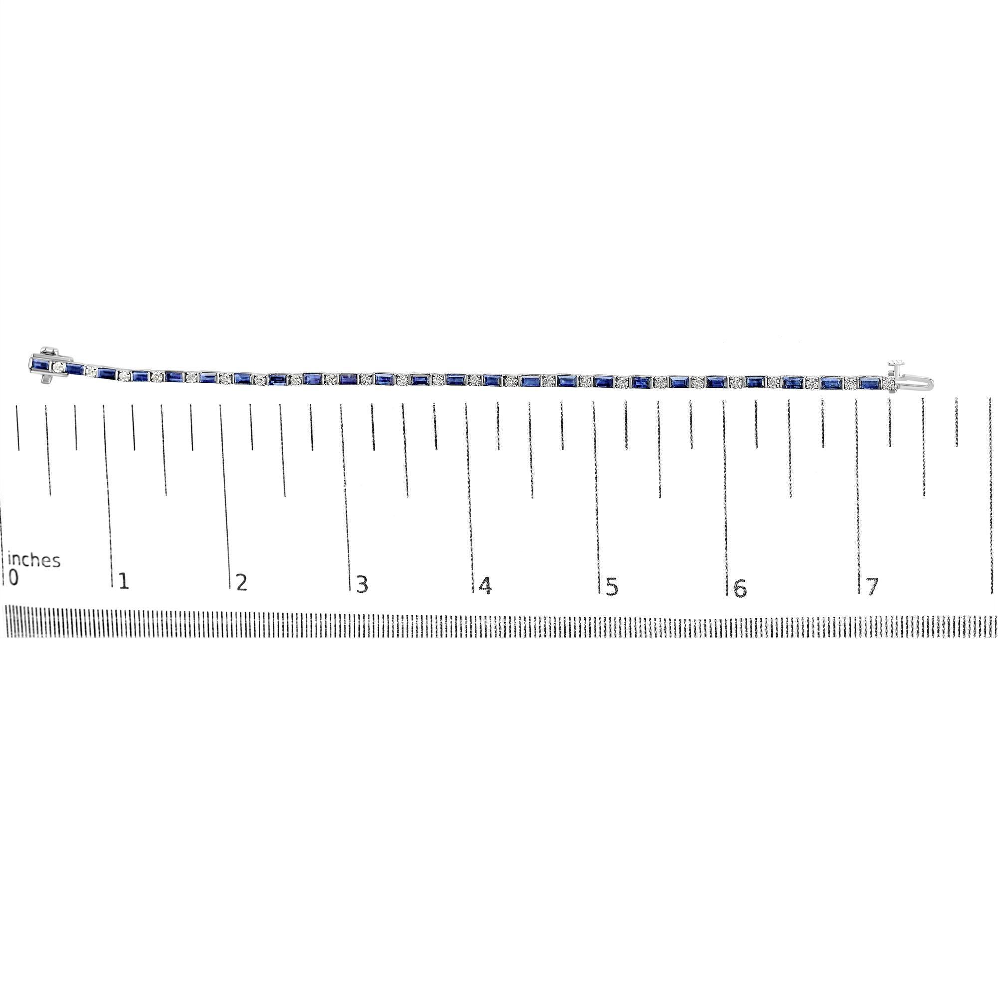 Baguette Cut 14K White Gold 1 1/10ct Diamond & Blue Sapphire Alternating Link Tennis Bracelet For Sale