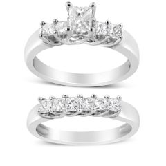 14 Karat Weißgold 1 1/2 Karat 5 Stein Prinzessinnen-Diamant Verlobungsring Set