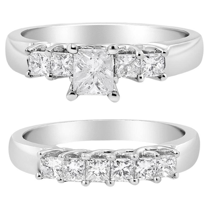 14K White Gold 1 1/2 Carat 5 Stone Princess Diamond Engagement Wedding Ring Set For Sale