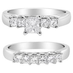 14K White Gold 1 1/2 Carat 5 Stone Princess Diamond Engagement Wedding Ring Set