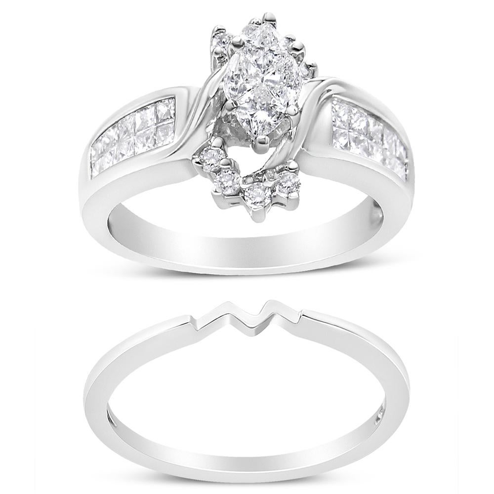 Celebrate your love with a 14K White Gold Marquise Shape Solitaire Diamond Bridal Ring Set for a pairing as perfect as your own romance. At the heart of this spectacular engagement ring, four dazzling pie cut diamonds come together to create a