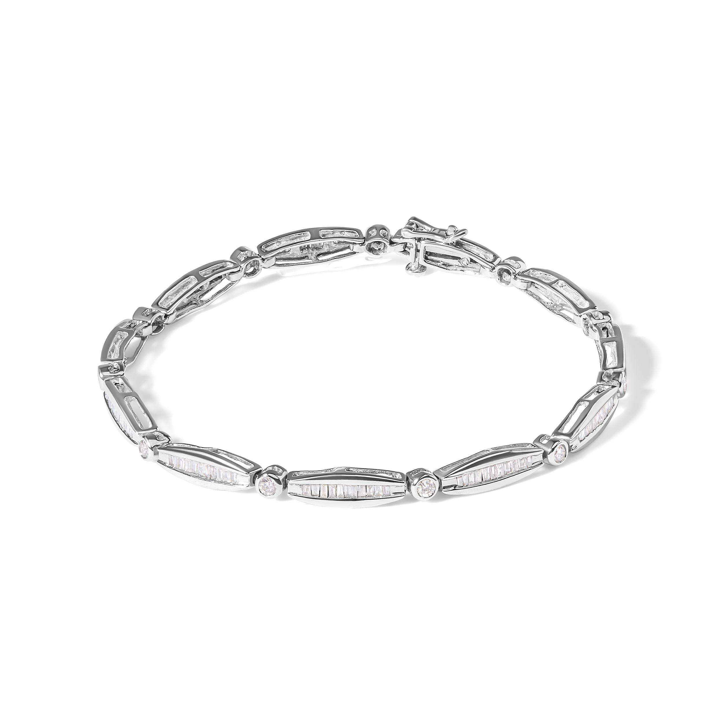 Elegant and timeless, this gorgeous 14K white gold tennis bracelet features 1 1/2 carat total weight of diamonds with a whopping 121 stones in all. The tennis bracelet features alternating round links with bezel set, brilliant cut diamonds and