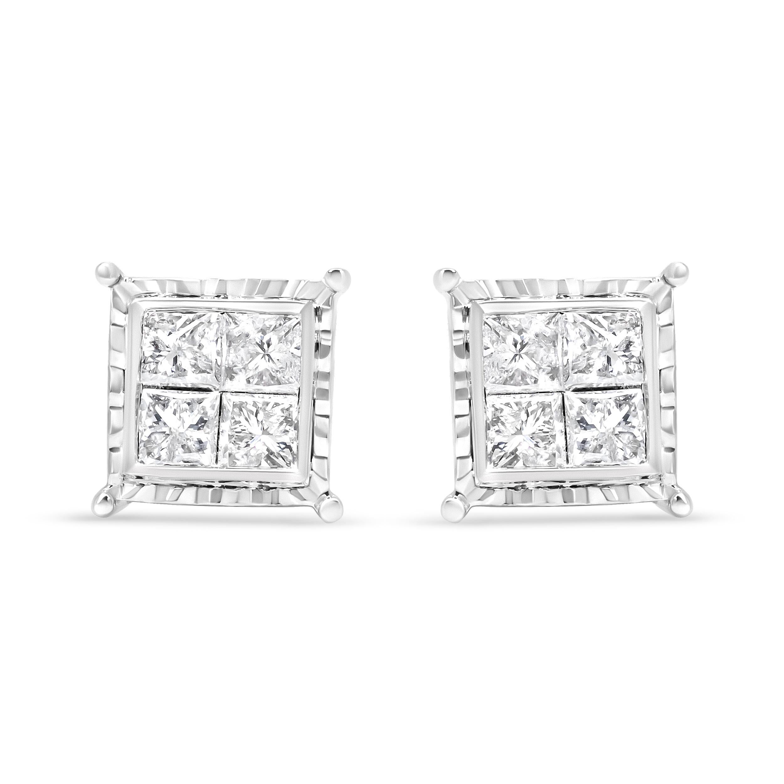 Experience the alluring sparkle of these quad stud diamond earrings. These attractive 14k white gold studs behold a striking contemporary silhouette in a geometric square shape with a wavy metalwork frame that graces your ears in modern grace. Each