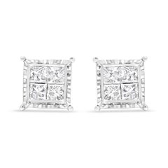 14K White Gold 1 1/2 Carat Diamond Contemporary Wavy Quad Stud Earrings