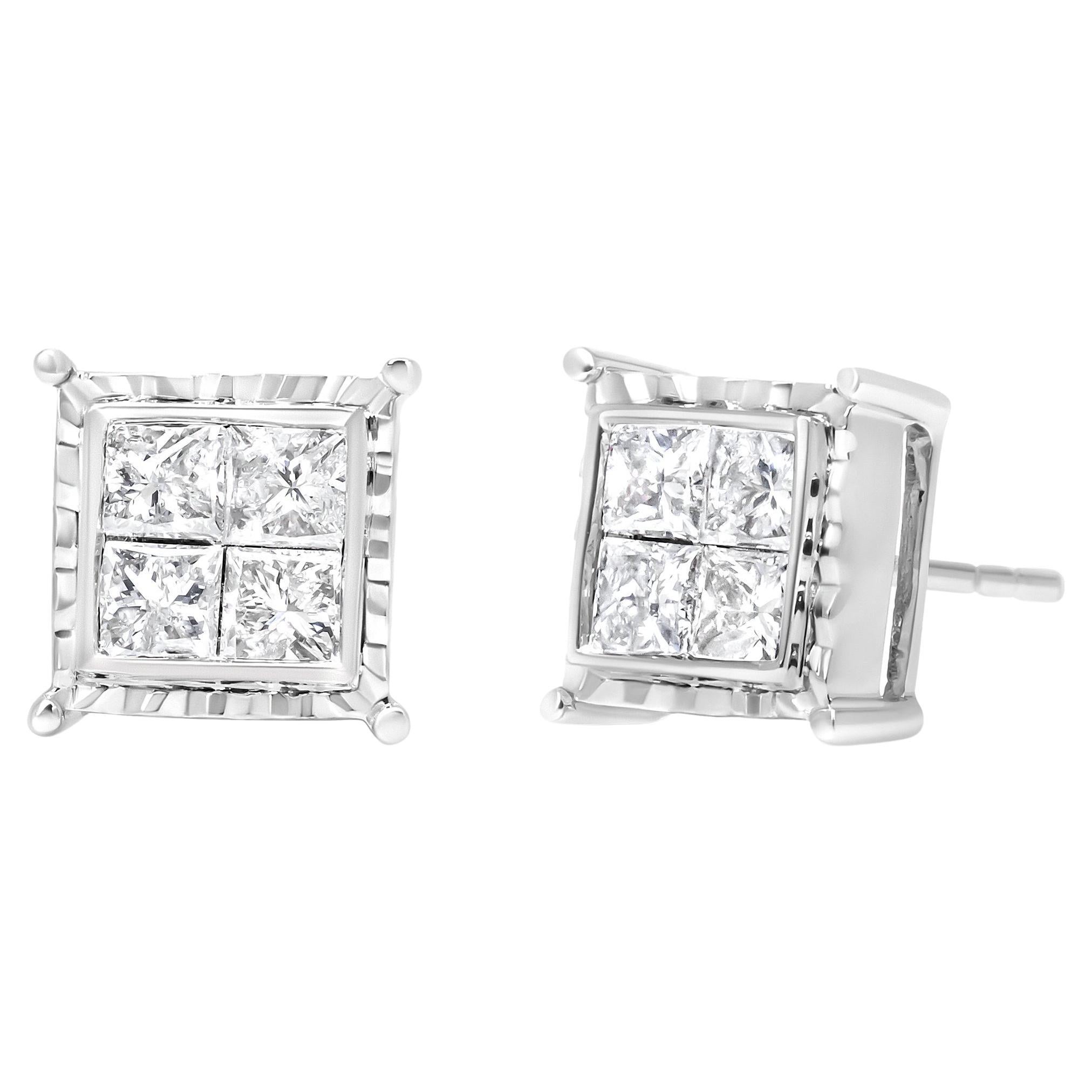 14K White Gold 1 1/2 Carat Diamond Contemporary Wavy Quad Stud Earrings For Sale