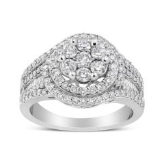 14K White Gold 1 1/2 Carat Diamond Floral Cluster and Studded Shank Halo Ring
