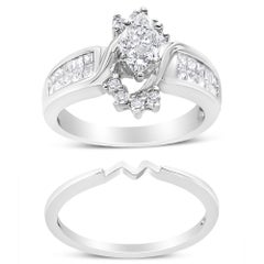 14K White Gold 1 1/2 Carat Diamond Marquise Shape Solitaire Engagement Ring Set