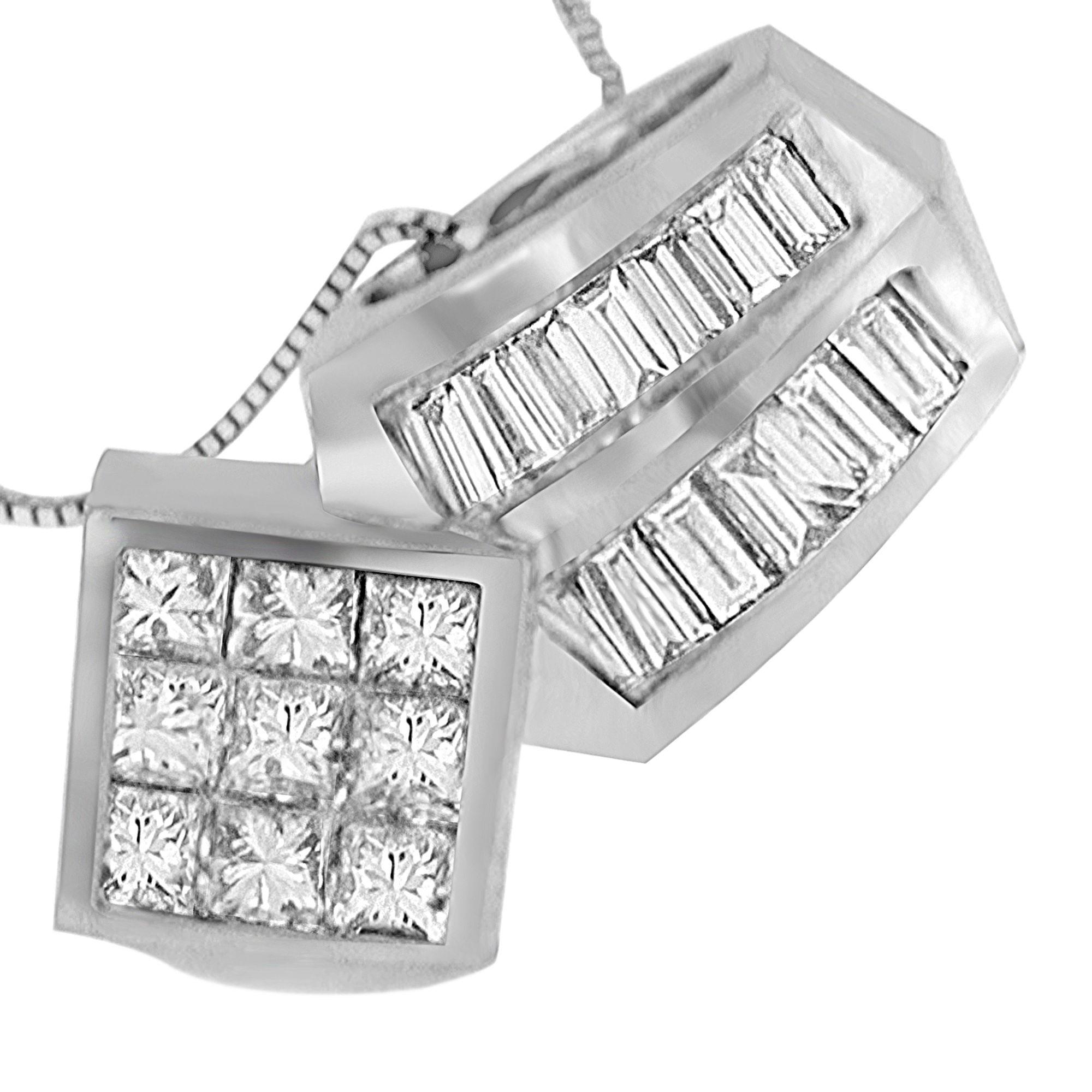 This flirty pendant features 3x3 square of princess cut diamonds suspended by two rows of channel-set baguettes. Framed in 14k white gold the unassuming simplicity of this pendant is betrayed by its quirky angles, mirrored in diamonds.

Product
